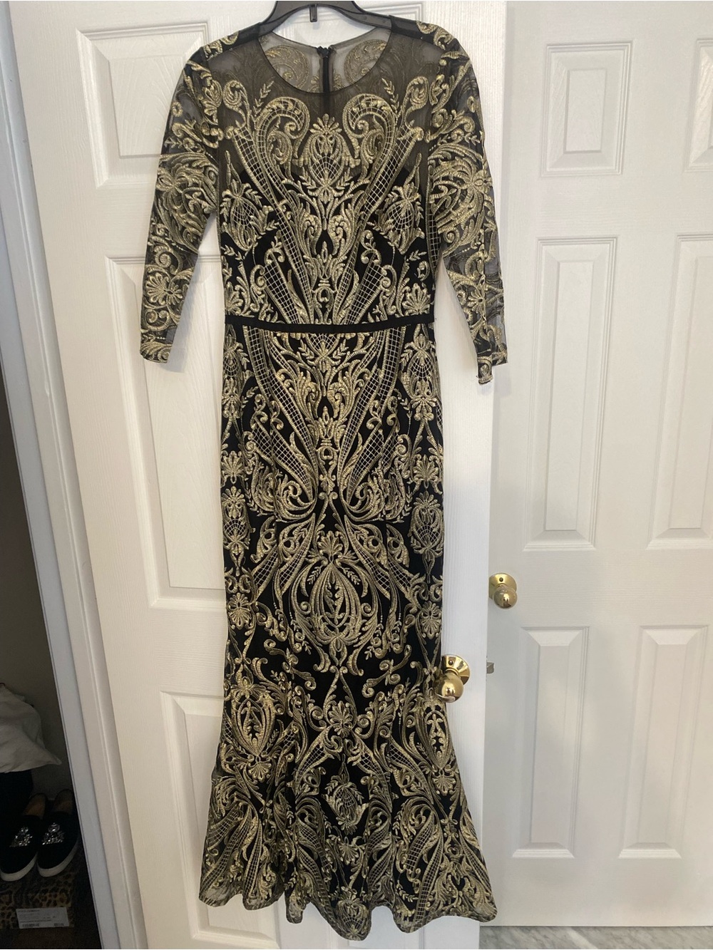 Marchesa Black and Gold Long Sleeve Embroidered Gown